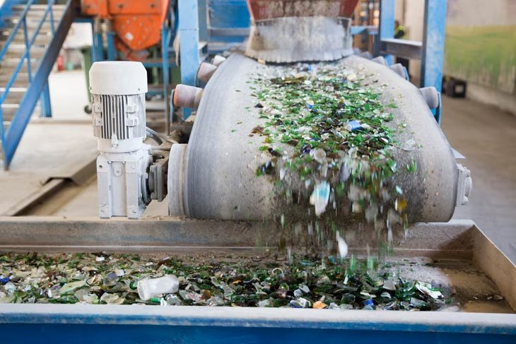 Trituración de vidrio en planta industrial para obtener calcín