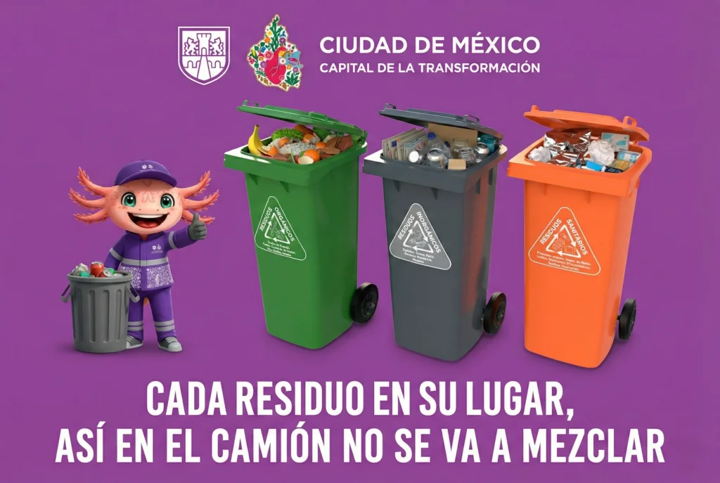 Separación de residuos en CDMX con contenedores diferenciados para mejorar la gestión integral de residuos urbanos.