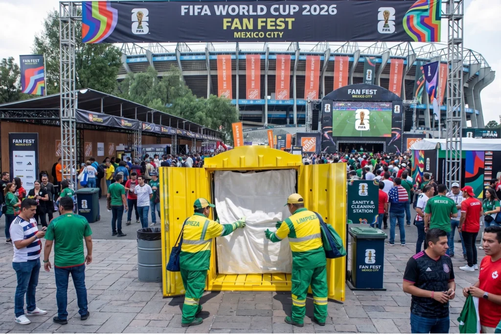 Reciclaje en eventos masivos con contenedor Vanguard amarillo para separar papel y cartón en zonas de alta afluencia
