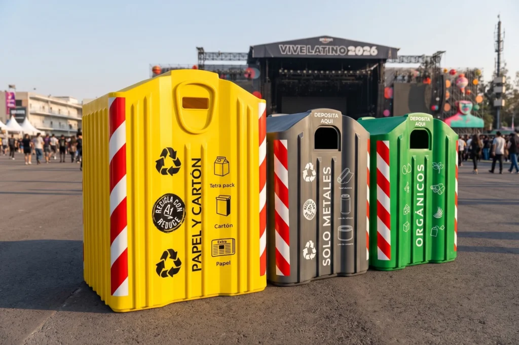 Islas de reciclaje Vanguard para separación de residuos en festivales, conciertos y espacios con gran asistencia