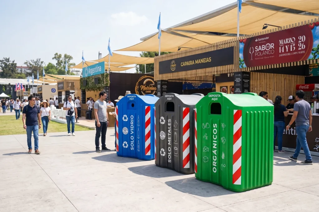 Reciclaje en eventos con islas Vanguard 2200 y 3200 para separar vidrio, metales y orgánicos por color